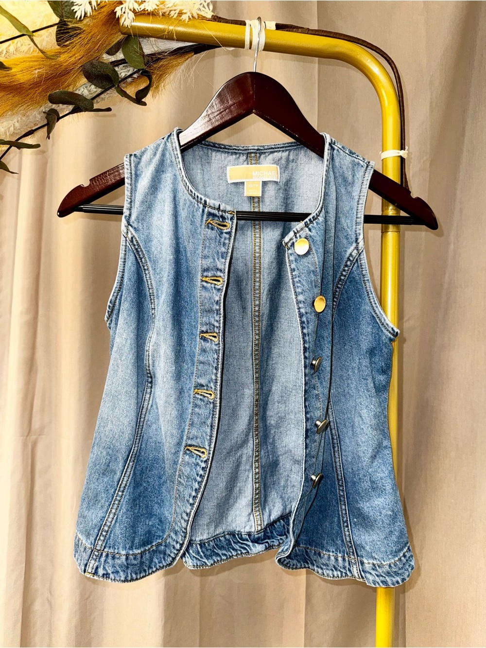 Michael Kors Denim Vest Front Buttons Boho Western Festival 100% Cotton XSmall - Picture 2 of 7